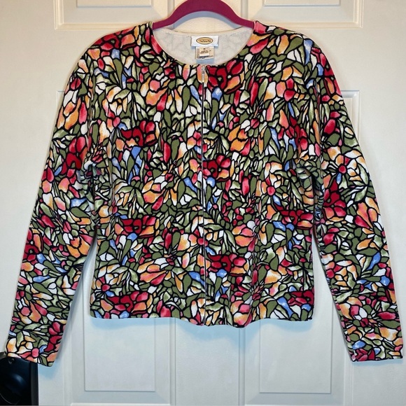 Vintage Talbots Cardigan Sz M Stained Glass Mosaic Floral Pattern Zip Front - Picture 1 of 13